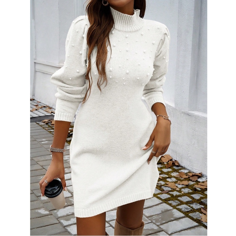 White Sweater Short Mini Dress Faux Pearl Embellished Long Sleeve - Picture 6 of 11